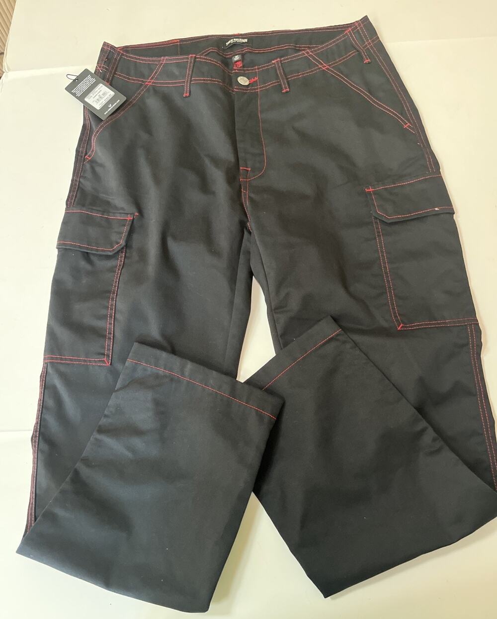 True Religion Cargo Pants, Jet Black With Red Stitching Men’s 34X32 NWT